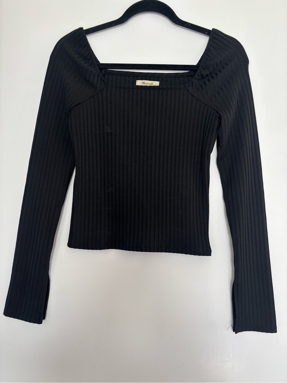 Madewell Black Ribbed Square Neck Long Sleeve Top